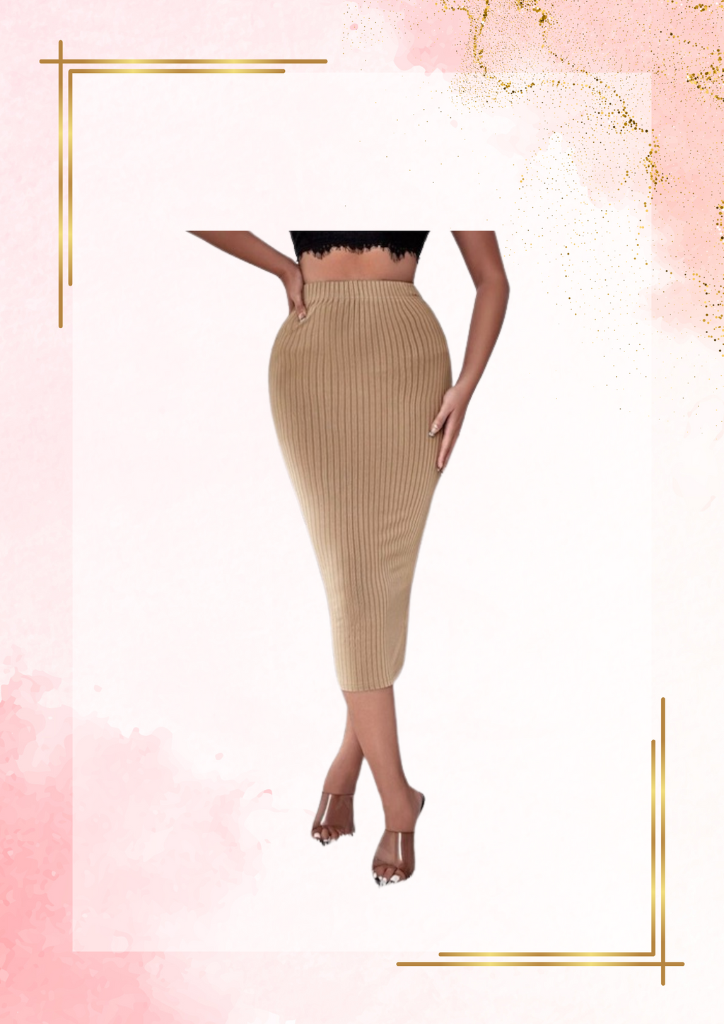 Sexy rib-knit split bodycon skirt
