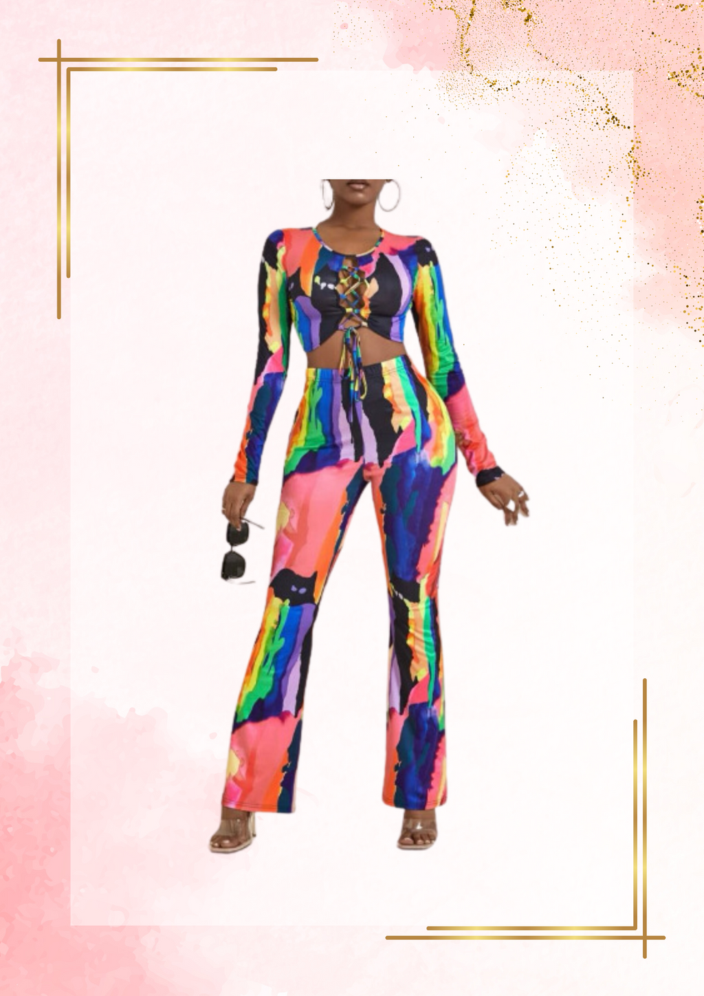Tie-dye lace, front crop top, and pants set