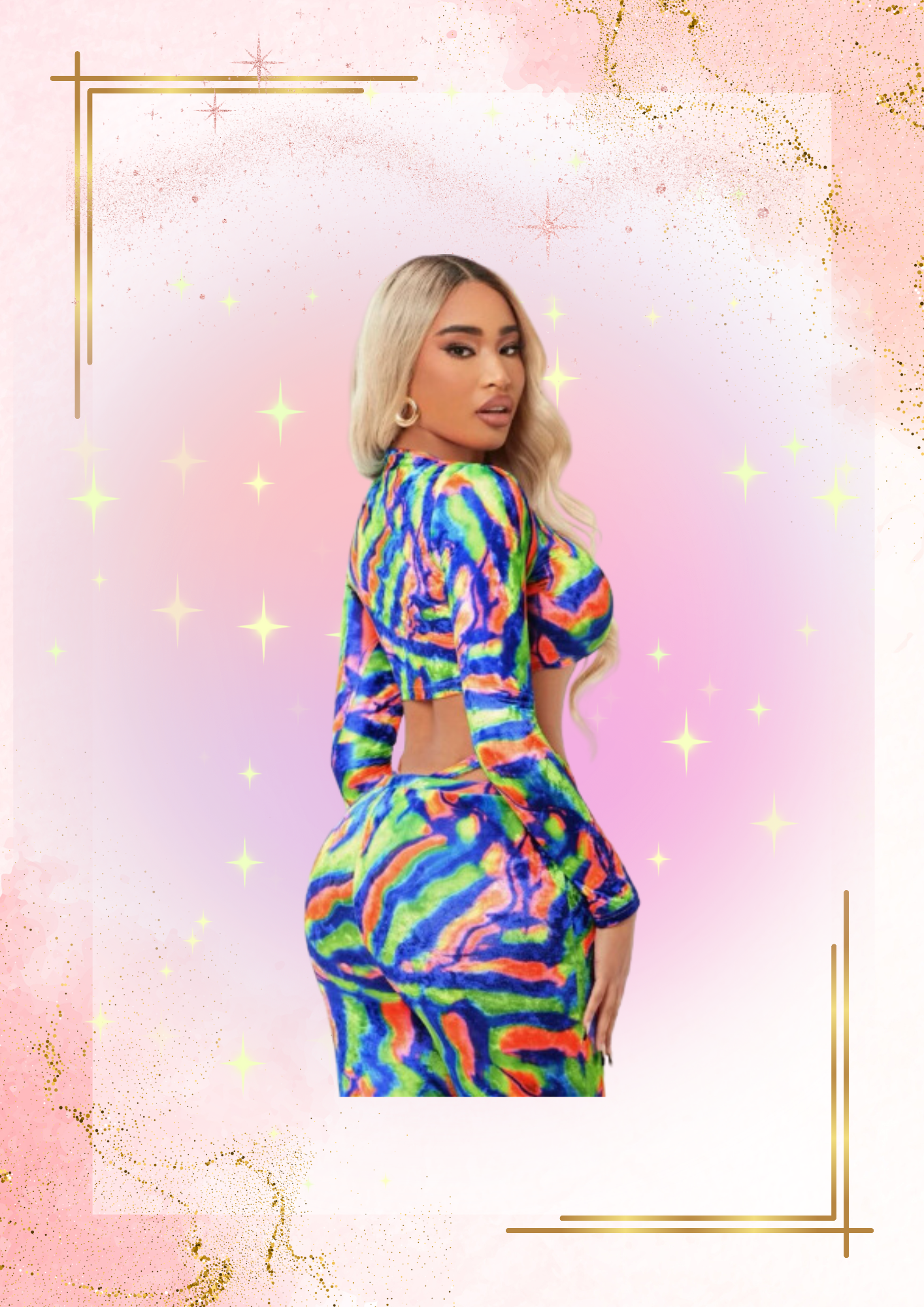 All over print ring link front top and flared leg pants